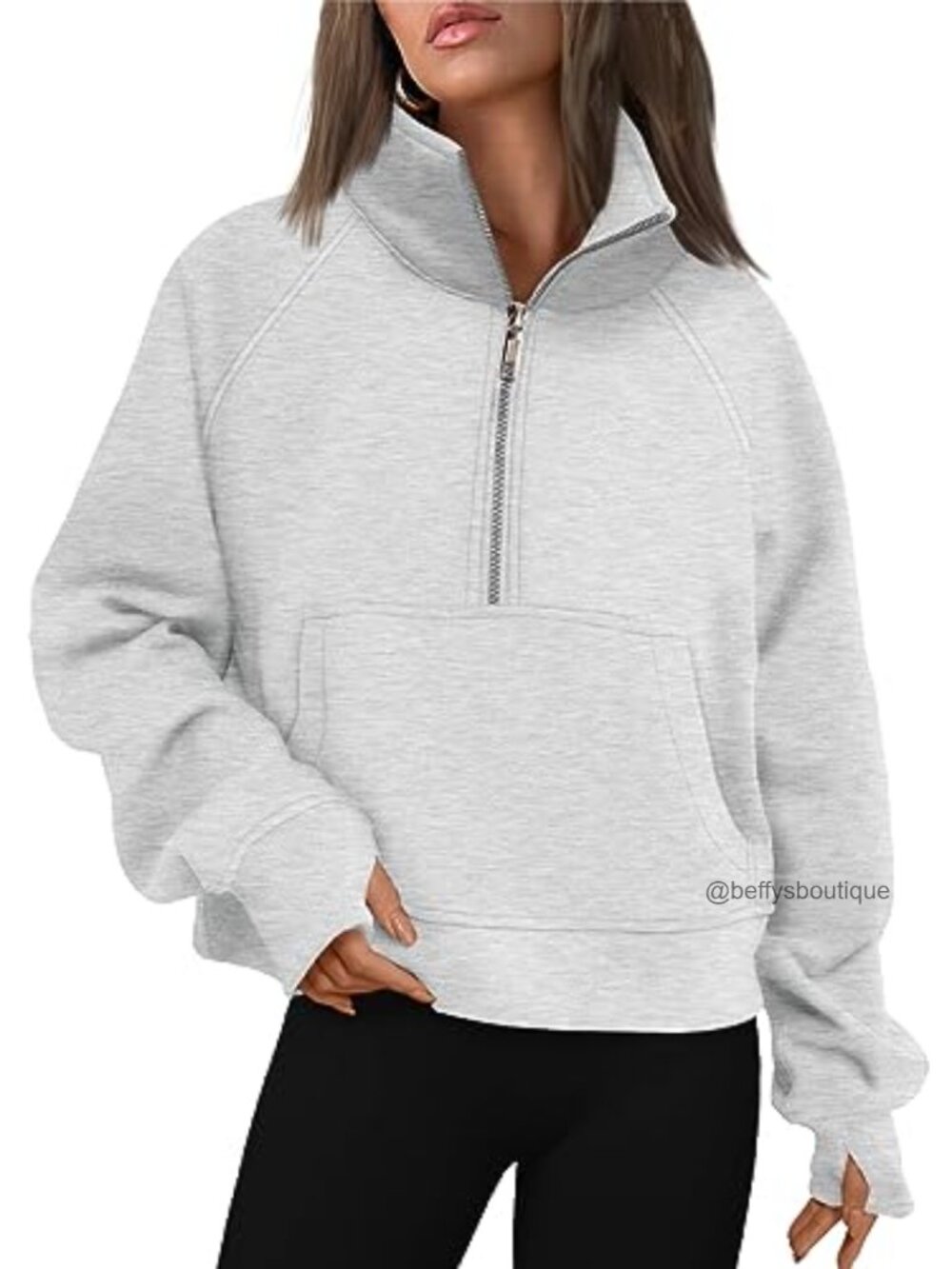 Womens Half Zip Fleece Pullover Sweatshirt Thumb Holes Kangaroo Pocket